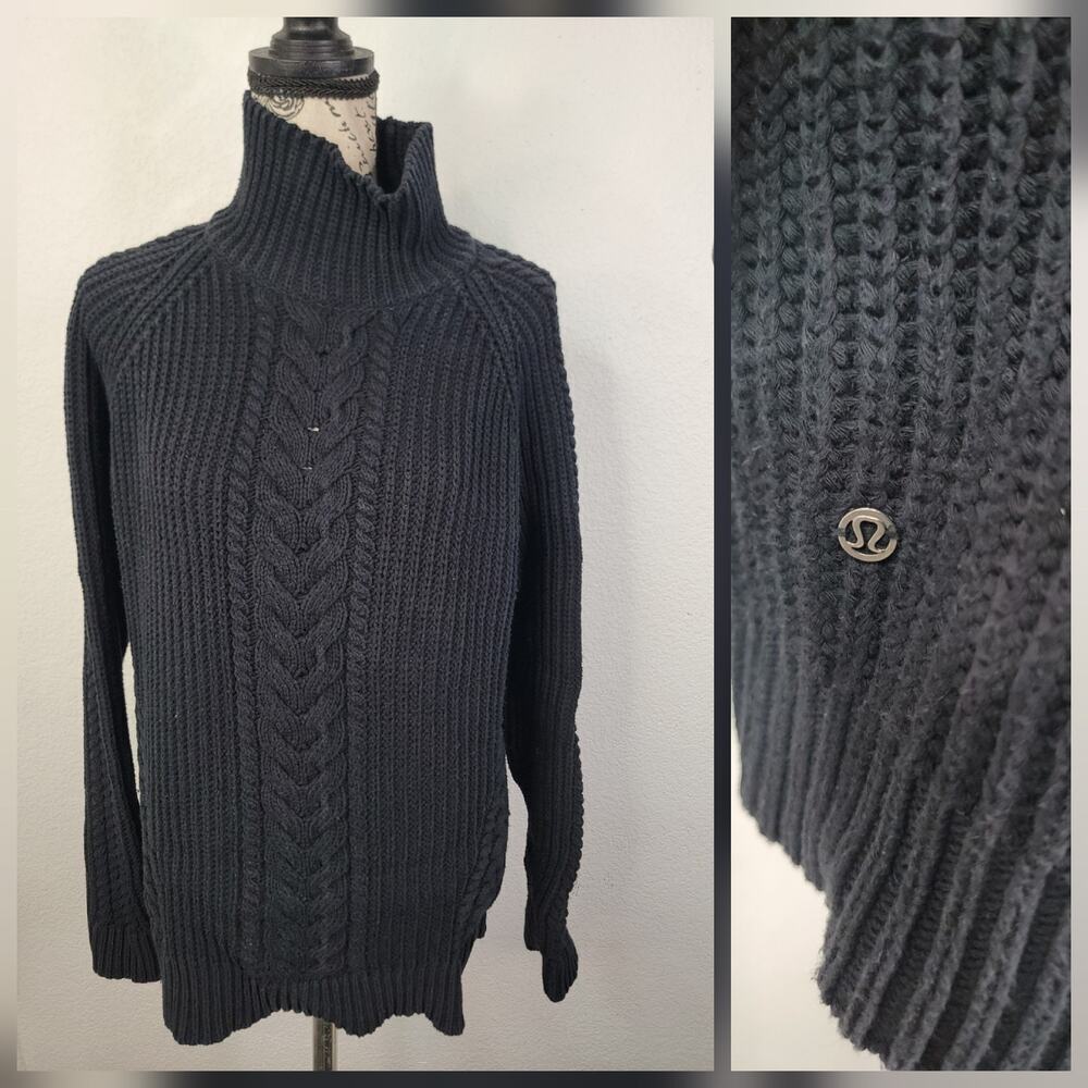 LULULEMON Sweater 6 Bring the Cozy Cowl Turtleneck Cable Knit Fisherman Black